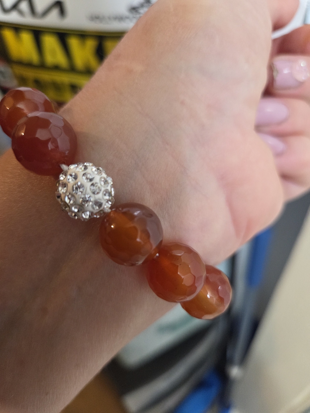 Faceted Genuine Carnelian Beaded Bracelet with Sparkling Crystal Accent